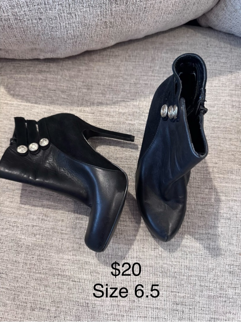 Guess Black Leather & Suede Pointed Ankle Booties with Button Accents